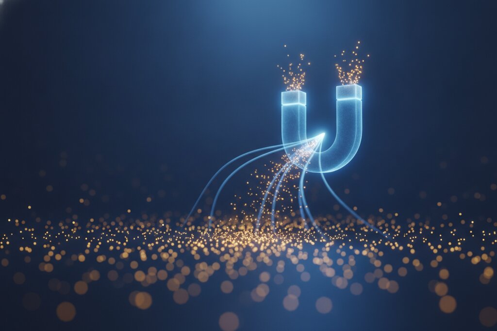 Symbolische magneet die lichtpunten aantrekt, als beeld voor het vinden en aantrekken van kandidaten via LinkedIn