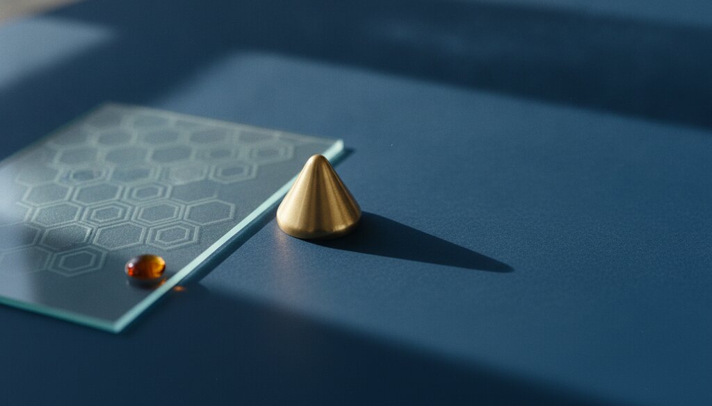 Symbolisch stilleven met een messing stempel naast een doorzichtige glasplaat met een vaag watermerkpatroon op een diepblauw vlak