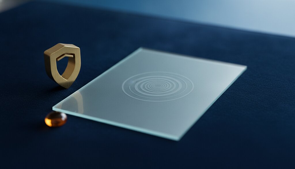 Een messing stempel naast een doorschijnend glasplaatje met een vaag watermerk op een diepblauw oppervlak, symbool voor het labelen van content