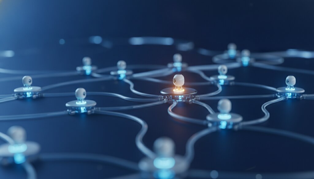Enkele kleine gloeiende robotachtige node-figuren verbonden in een workflow op diepblauw, symbool voor AI-agents