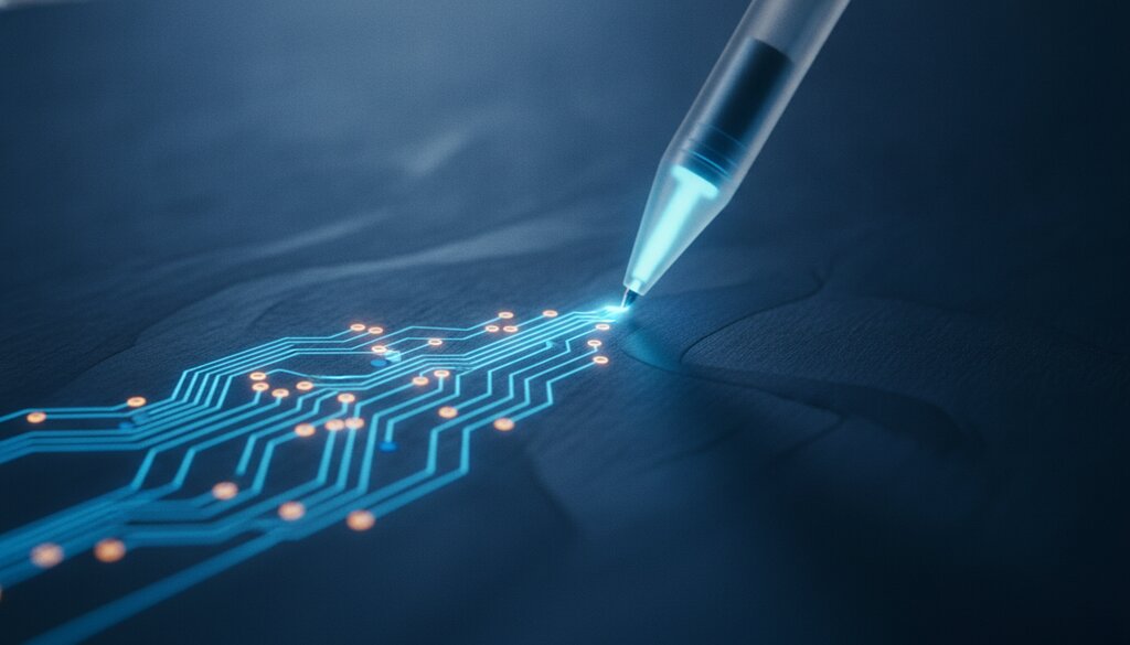 Gloeiende pen die een lichtlijn schrijft die overgaat in printplaatpatronen op donkerblauw, symbool voor AI-ondersteund schrijven