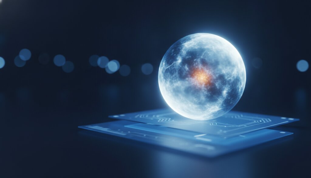 Een gloeiende abstracte assistent-bol van licht boven een blauw interface op donkere achtergrond