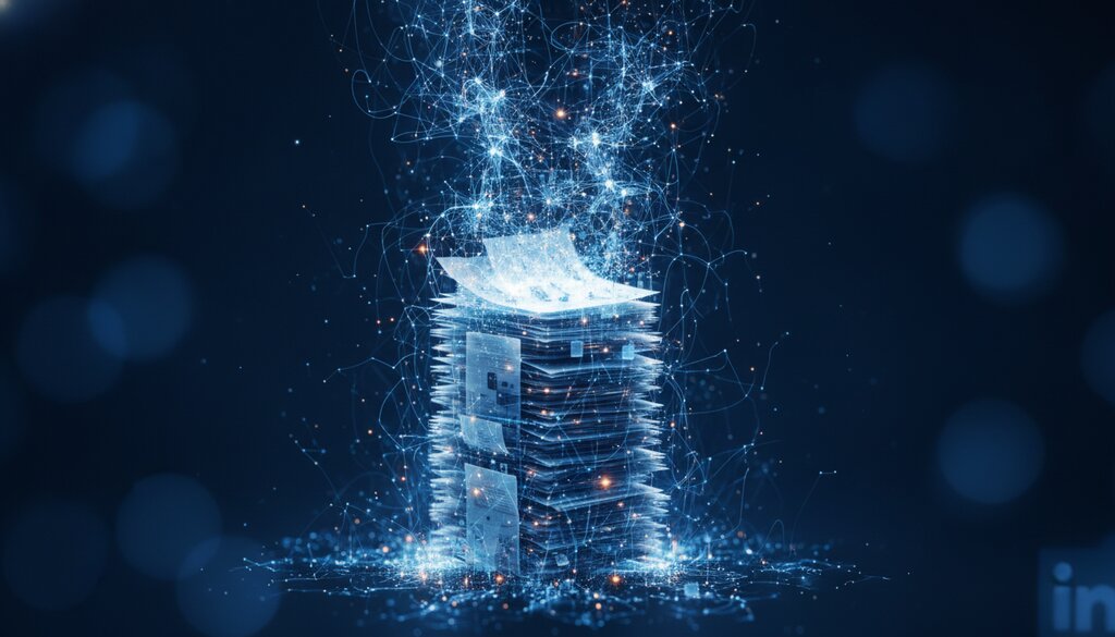 Abstracte weergave van gestapelde documenten die oplossen in een neuraal patroon, symbool voor gegevens die worden gebruikt voor AI-training