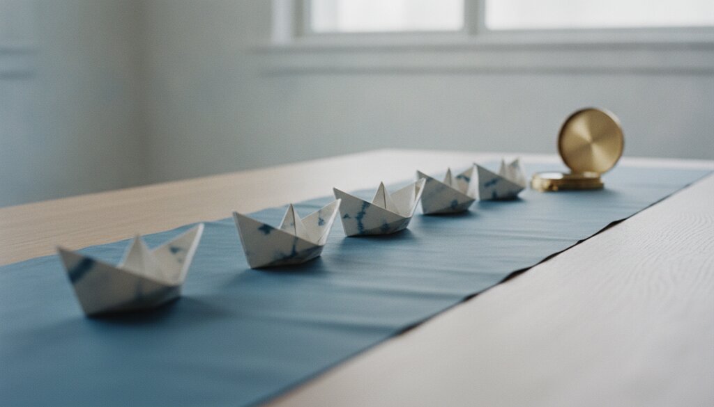 Stilleven van zes papieren bootjes op een houten tafel die richting een koperen kompas varen