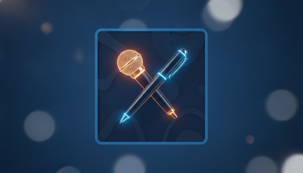 Een gloeiende microfoon en pen gekruist als een badge op diepblauwe achtergrond, symbool voor contentmakers
