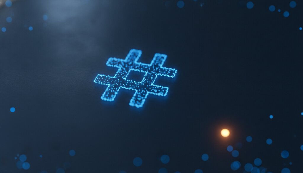 Een gloeiend hashtag-symbool opgebouwd uit kleine blauwe stippen op een donker oppervlak.