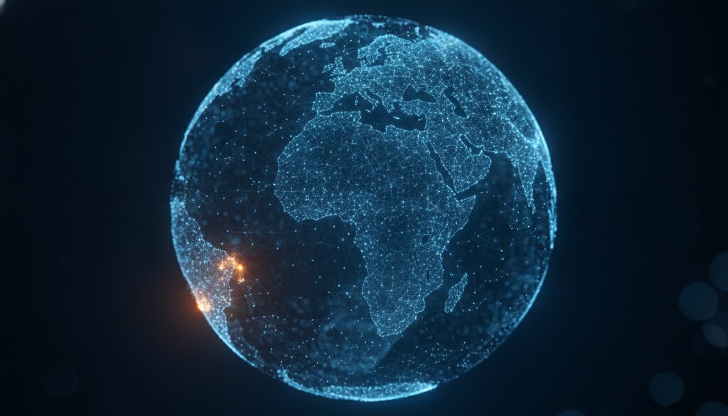 Een dichte, gloeiende wereldbol opgebouwd uit verbonden netwerkpunten op diepblauw, als symbool voor een wereldwijd professioneel netwerk.