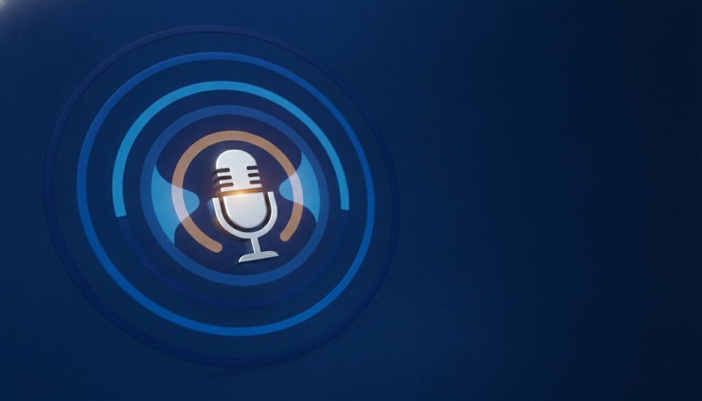 Abstracte blauwe geluidsgolven die uit een microfoon-icoon stralen, symbool voor live audiogesprekken op LinkedIn