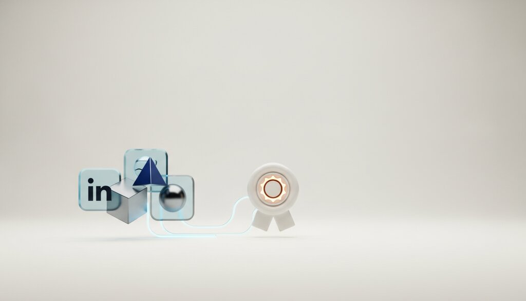 Symbolische illustratie van gekoppelde apps die uitmonden in een digitaal keurmerk
