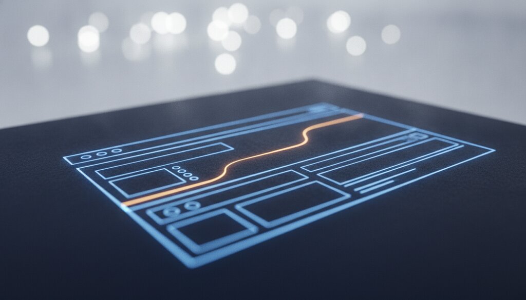 Een abstract, strak wireframe van een interface dat blauw oplicht op een donkere achtergrond, als symbool voor een website-herontwerp.
