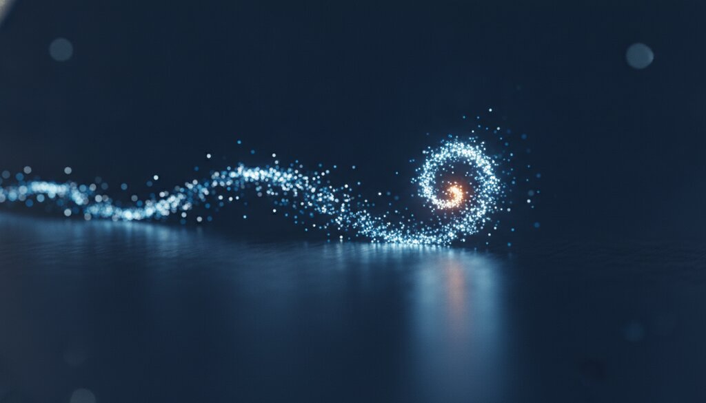Abstracte visualisatie van losse lichtpunten die samenvloeien tot een stromend lint, symbool voor een vernieuwd LinkedIn-feedsysteem