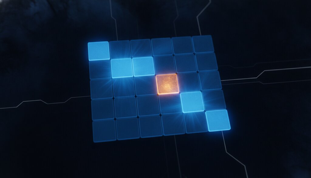 Een gloeiend blauw puzzelraster met enkele oplichtende vakjes op donkere achtergrond, symbool voor een dagelijkse puzzel