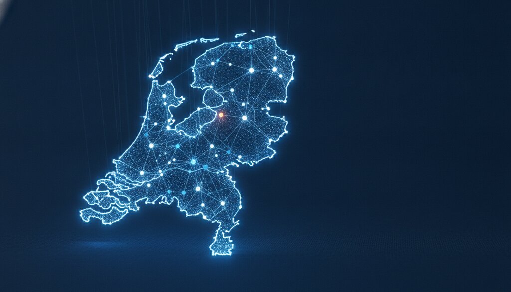 Gestileerde kaart van Nederland opgebouwd uit oplichtende verbonden punten op diepblauw, symbool voor het professionele netwerk in Nederland.