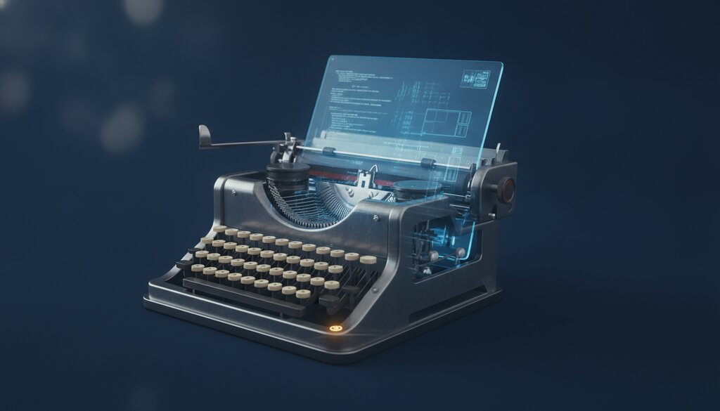Vintage typemachine die overgaat in een gloeiend digitaal scherm op diepblauw, symbool voor publiceren dat digitaal wordt