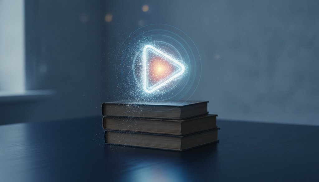 Een stapel boeken die oplost in een gloeiende play-knop van licht op een marineblauw oppervlak, symbool voor online leren