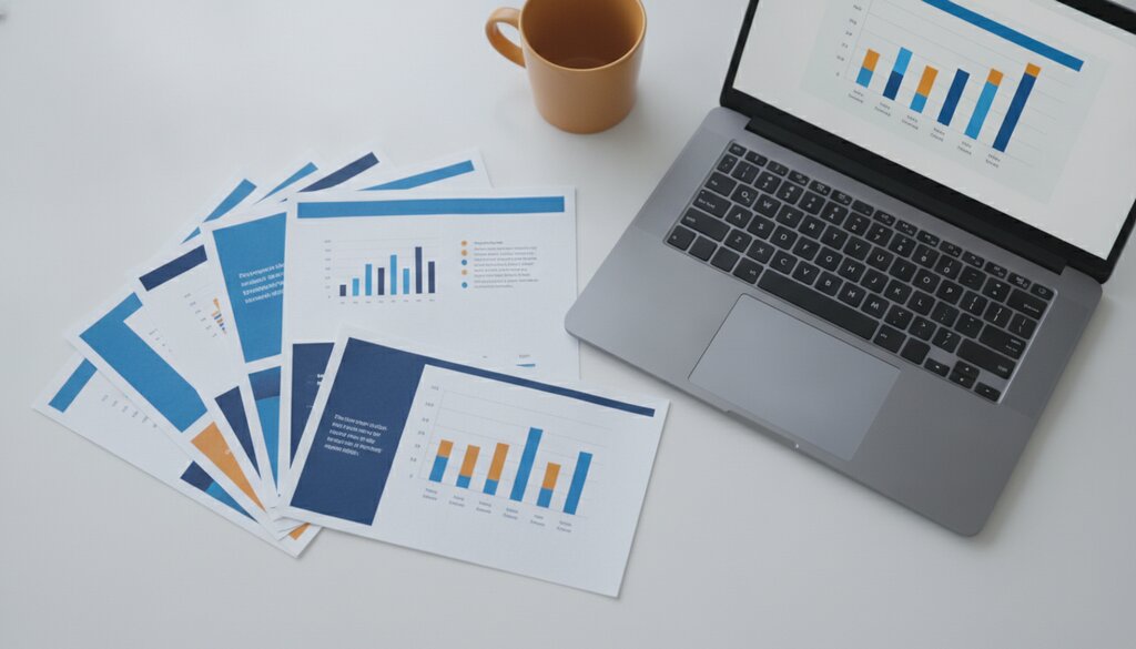Uitgewaaierde geprinte presentatie naast een laptop met een staafdiagram in een koelblauw palet, symbool voor delen van content