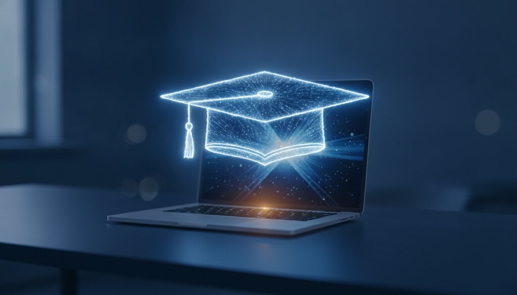 Een gloeiende toga-hoed van licht die boven een laptop op een marineblauw bureau zweeft, als symbool voor online cursussen.