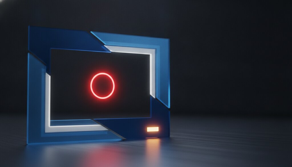 Gloeiende rode live-uitzendstip in een abstract blauw videoframe op donkere achtergrond