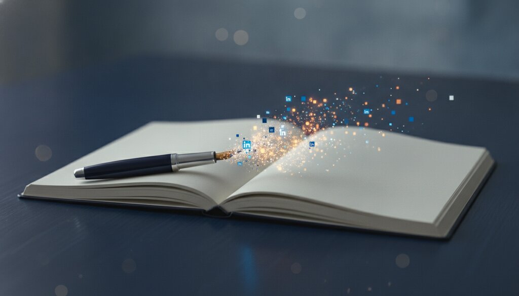 Een open notitieboek met vulpen die overgaat in lichtpixels op een marineblauw bureau, symbool voor schrijven voor het web