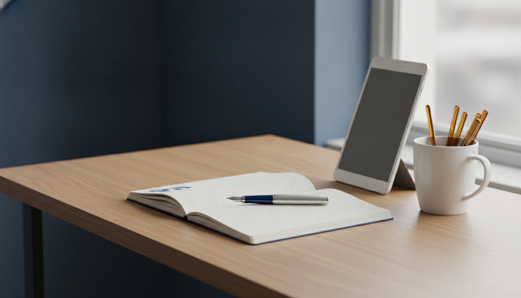 Vulpen op een leeg notitieboek naast een uitgeschakelde tablet, symbool voor menselijk schrijven boven AI-tekst.