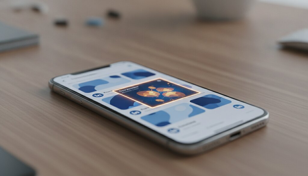 Smartphone op een bureau met een abstracte blauwe social feed en een uitgelichte kaart, symbool voor gesponsorde content