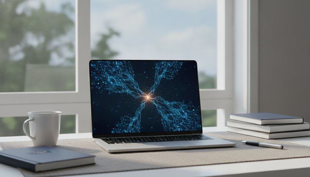 Thuiswerkplek bij een raam met een laptop die een abstract blauw netwerk toont in rustig daglicht