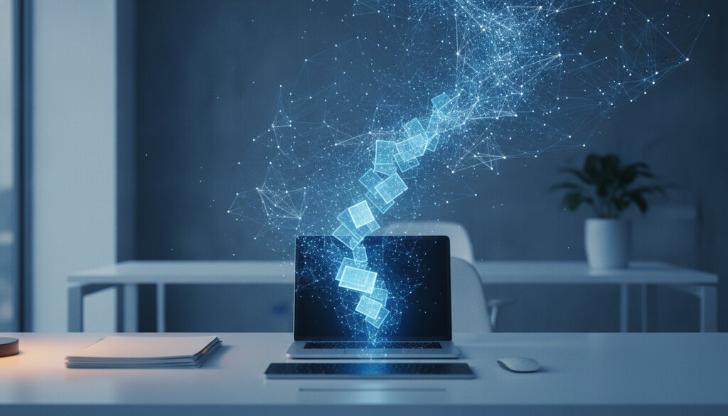 Digitaal archief van gestapelde documenten dat vanaf een laptopscherm oplost in een abstract netwerkpatroon