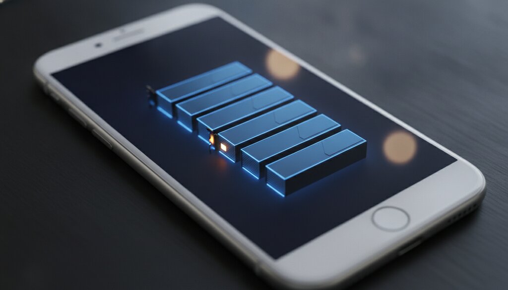 Een smartphone met een verticale stapel gloeiende blauwe videokaarten op donkere achtergrond