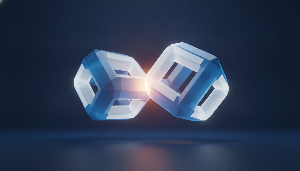 Twee gloeiende geometrische vormen die op een donkerblauwe achtergrond samensmelten tot één, als symbool voor een bedrijfsovername.