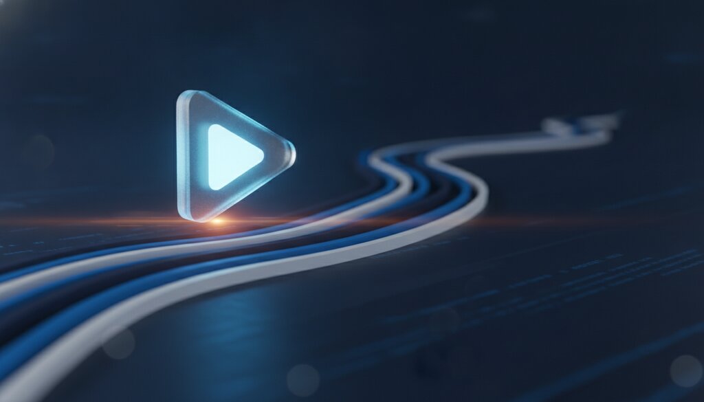 Een gloeiende afspeelknop die uit een blauwe abstracte videotijdlijn tevoorschijn komt op een donkere achtergrond.