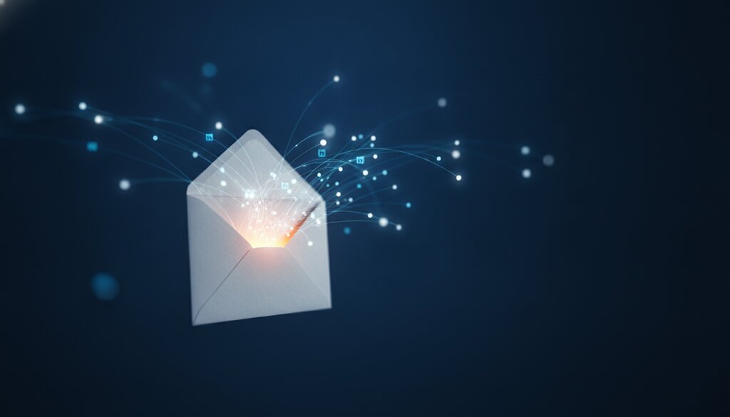 Een gloeiende envelop die lichtlijnen uitzendt naar kleine abonnee-stippen op diepblauwe achtergrond