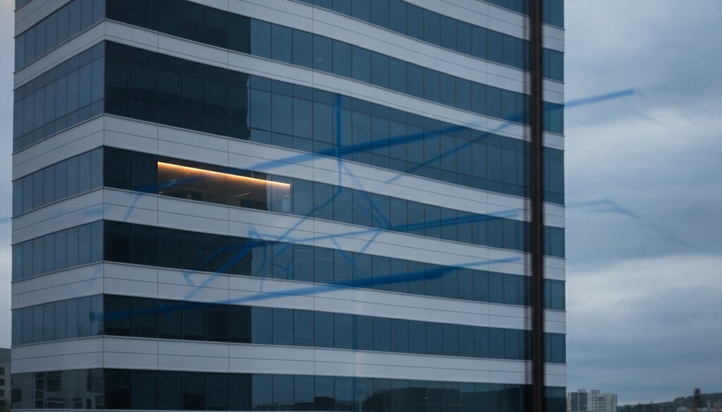 Moderne kantoorgevel weerspiegeld in glas met een subtiele blauwe netwerk-overlay, zakelijk en strak
