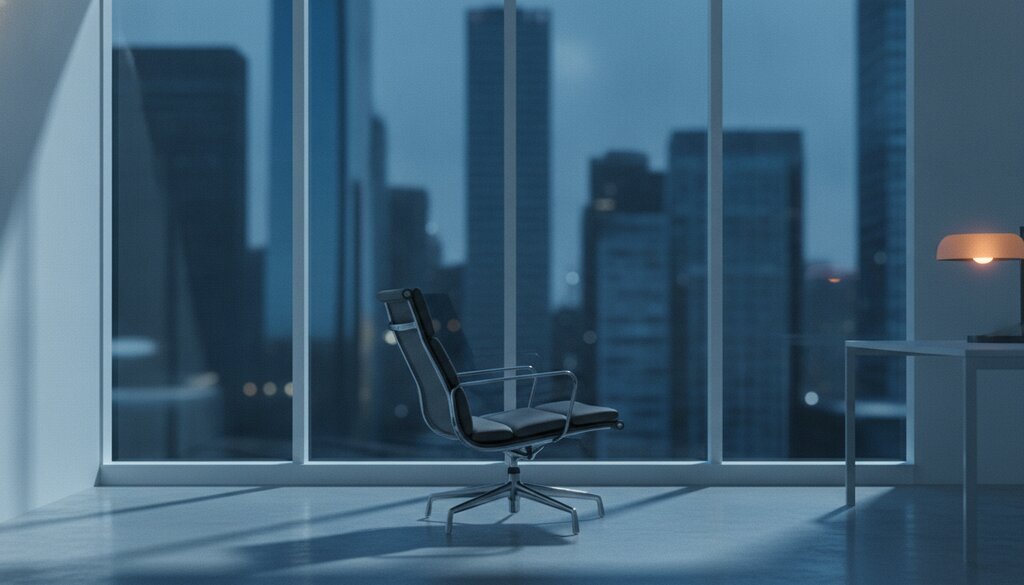 Lege moderne directiestoel bij een groot raam met skyline en zacht blauw licht, symbool voor leiderschapswissel
