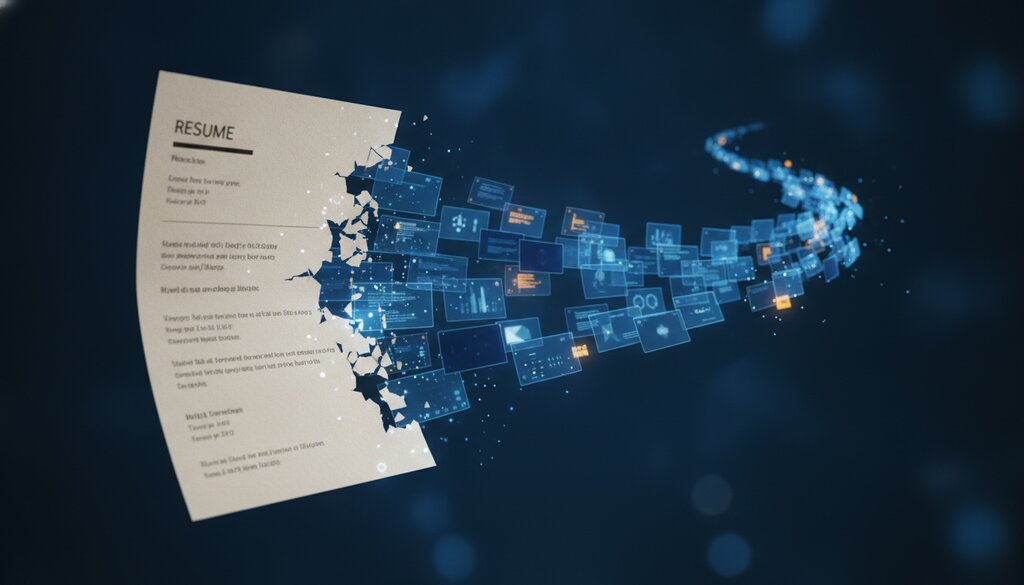 Een papieren cv dat overgaat in een stroom oplichtende contentkaarten op een diepblauwe achtergrond, symbool voor de verandering van LinkedIn