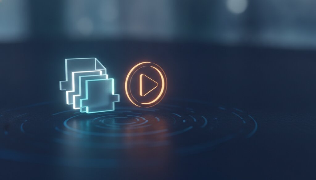 Een gloeiende documentcarrousel en een videoknop naast elkaar op diepblauw, symbool voor contentformats